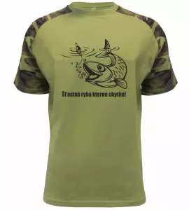 Pánské rybářské tričko Šťastná ryba kterou chytím military