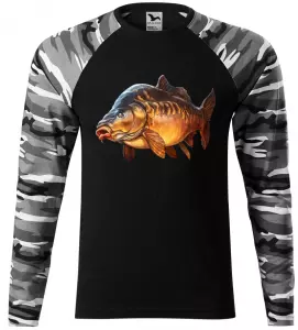 Pánské tričko pro rybáře s kaprem šedá camouflage