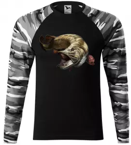 Pánské tričko pro rybáře se štikou šedá camouflage