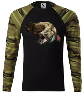 Pánské tričko pro rybáře se štikou zelená camouflage