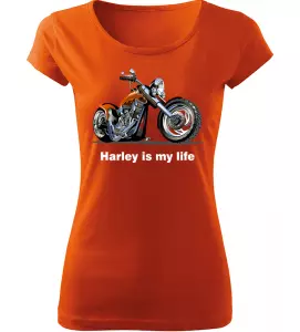 Dámské tričko s motorkou Harley is my life oranžové