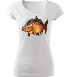 Dámské rybářské tričko s barevným kaprem bílé