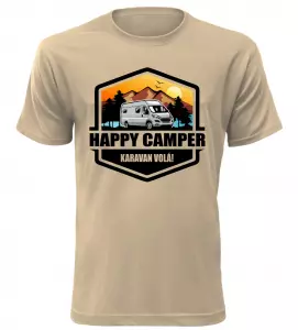 Pánské tričko s karavanem HAPPY CAMPER pískové